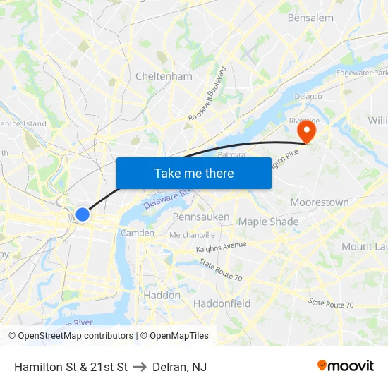 Hamilton St & 21st St to Delran, NJ map