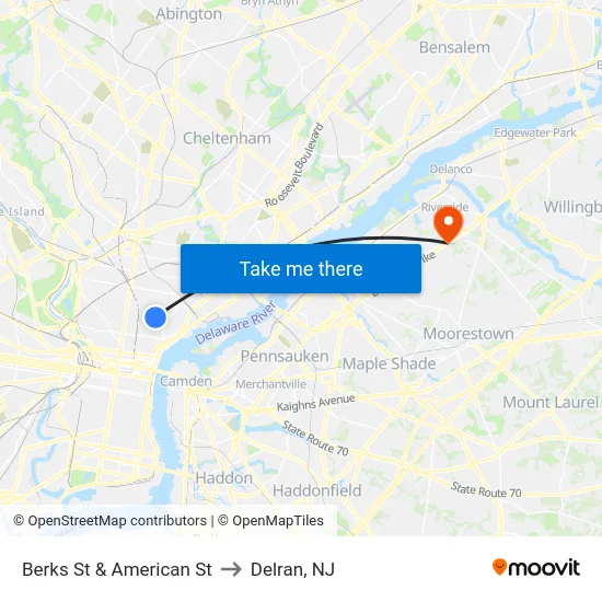 Berks St & American St to Delran, NJ map