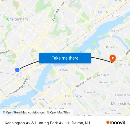 Kensington Av & Hunting Park Av to Delran, NJ map