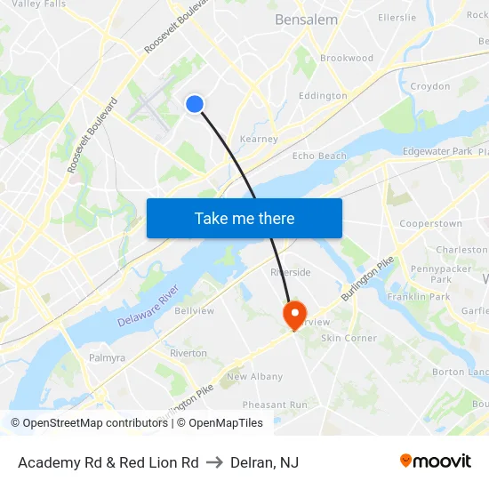 Academy Rd & Red Lion Rd to Delran, NJ map