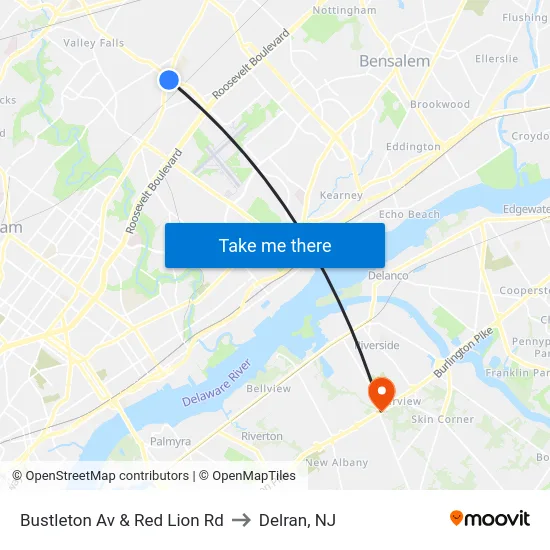 Bustleton Av & Red Lion Rd to Delran, NJ map