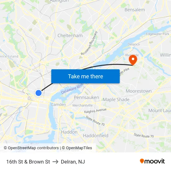 16th St & Brown St to Delran, NJ map