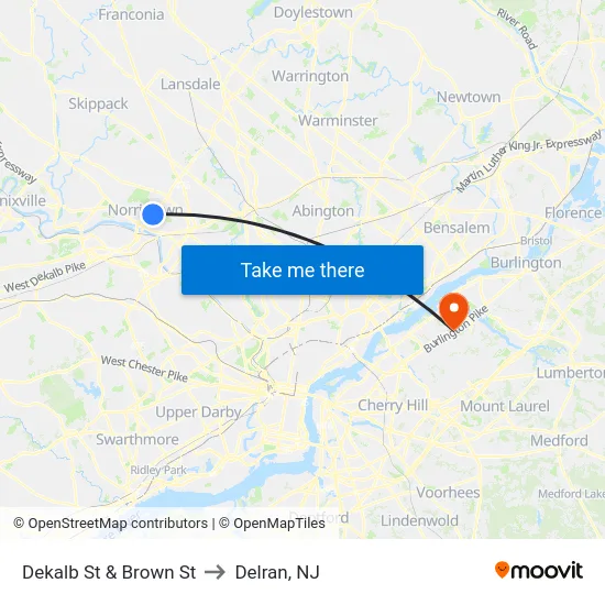 Dekalb St & Brown St to Delran, NJ map