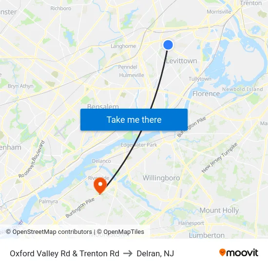 Oxford Valley Rd & Trenton Rd to Delran, NJ map