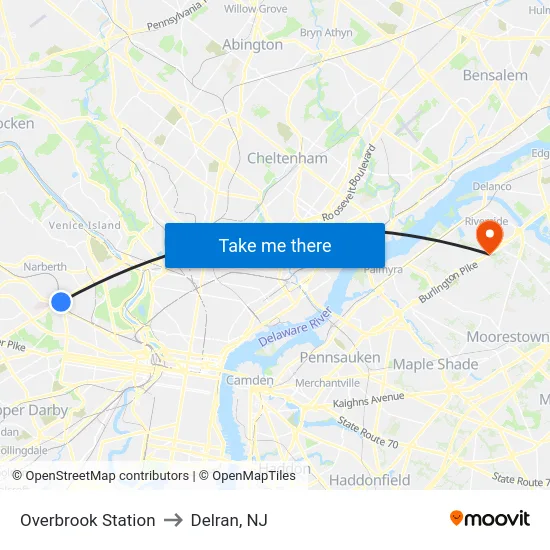 Overbrook Station to Delran, NJ map