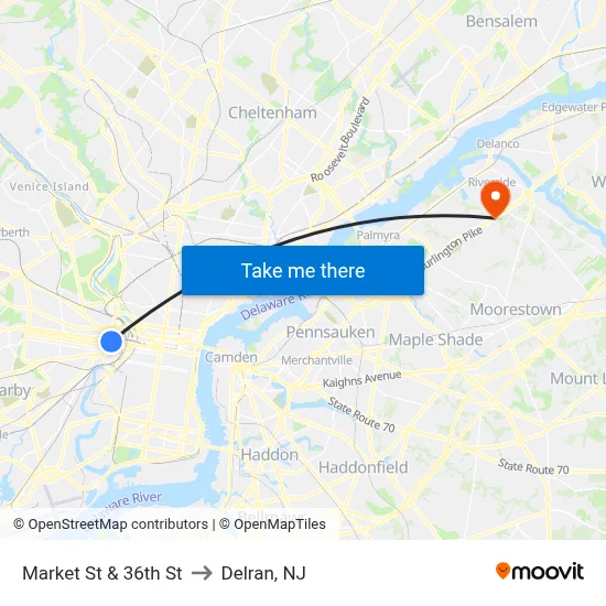 Market St & 36th St to Delran, NJ map