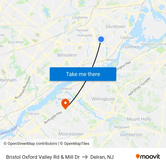 Bristol Oxford Valley Rd & Mill Dr to Delran, NJ map