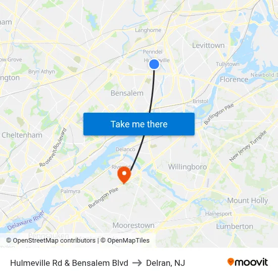 Hulmeville Rd & Bensalem Blvd to Delran, NJ map