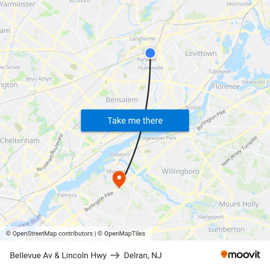 Bellevue Av & Lincoln Hwy to Delran, NJ map