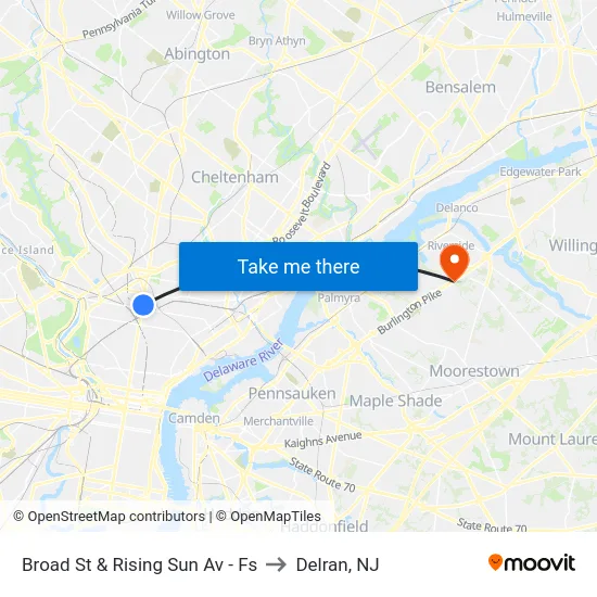 Broad St & Rising Sun Av - Fs to Delran, NJ map