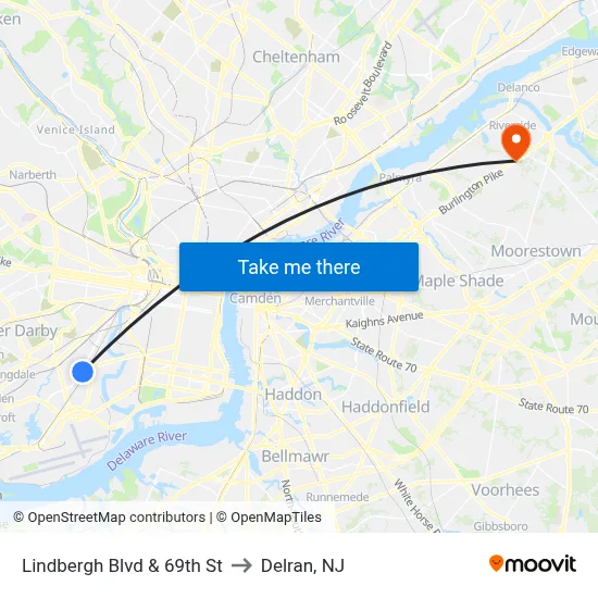 Lindbergh Blvd & 69th St to Delran, NJ map