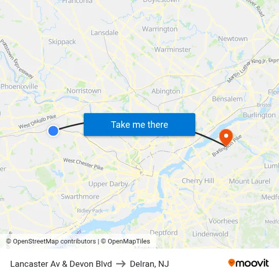 Lancaster Av & Devon Blvd to Delran, NJ map