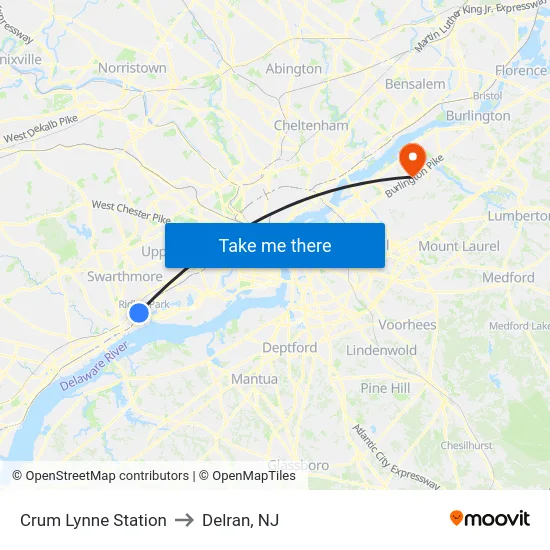 Crum Lynne Station to Delran, NJ map
