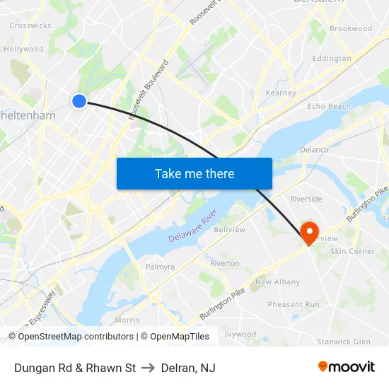 Dungan Rd & Rhawn St to Delran, NJ map