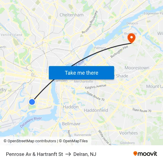 Penrose Av & Hartranft St to Delran, NJ map
