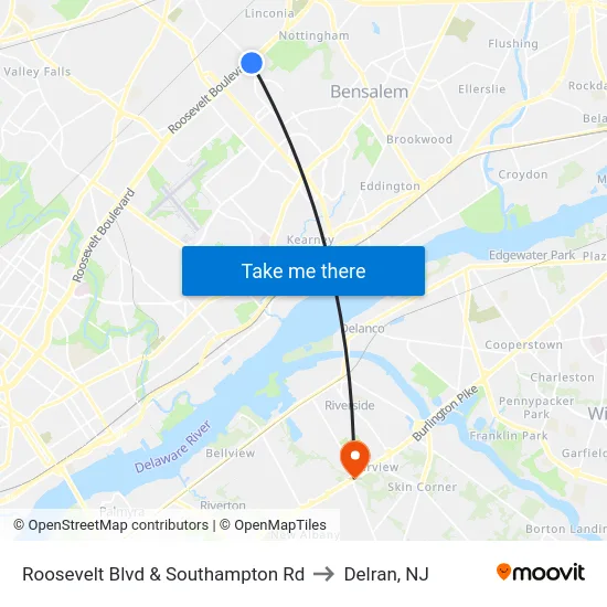 Roosevelt Blvd & Southampton Rd to Delran, NJ map