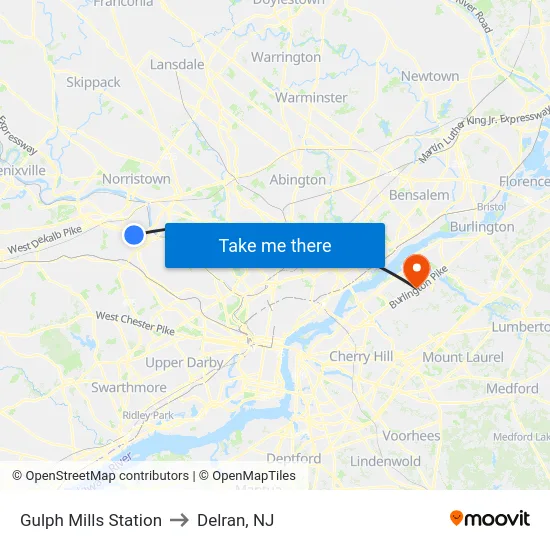 Gulph Mills Station to Delran, NJ map