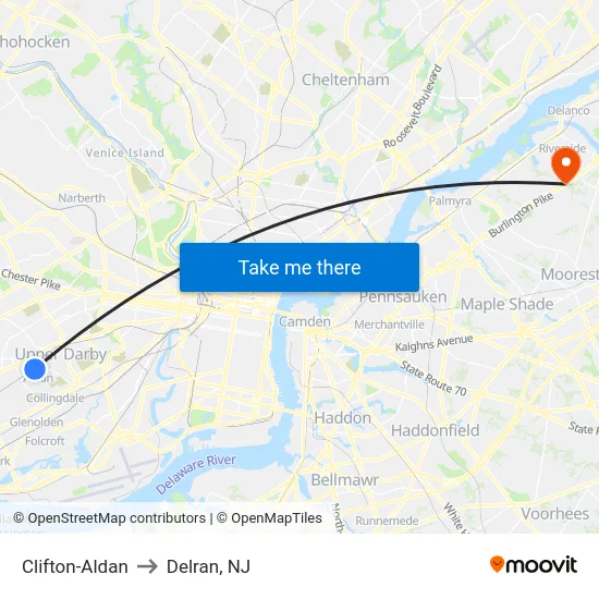 Clifton-Aldan to Delran, NJ map