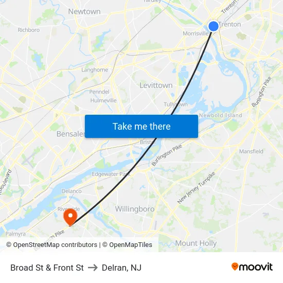 Broad St & Front St to Delran, NJ map