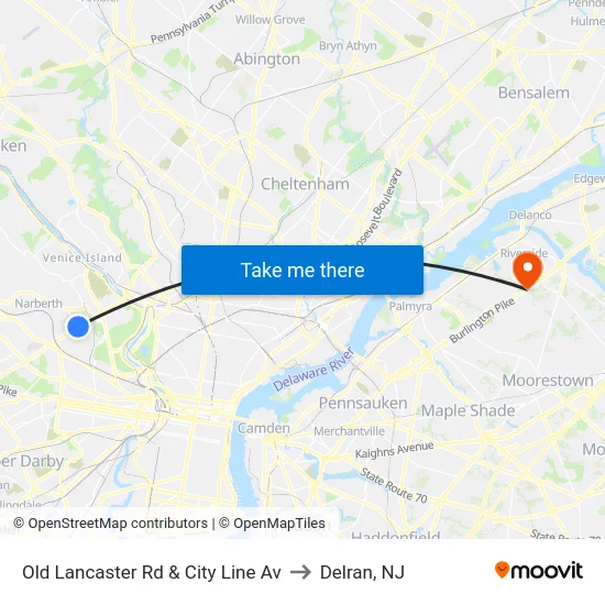 Old Lancaster Rd & City Line Av to Delran, NJ map