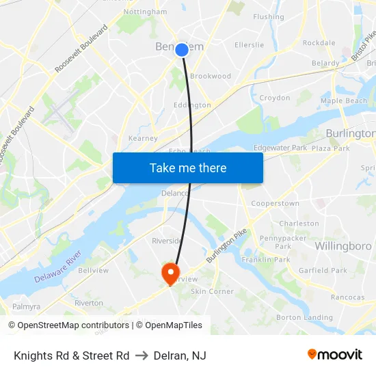 Knights Rd & Street Rd to Delran, NJ map