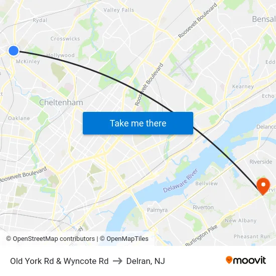 Old York Rd & Wyncote Rd to Delran, NJ map
