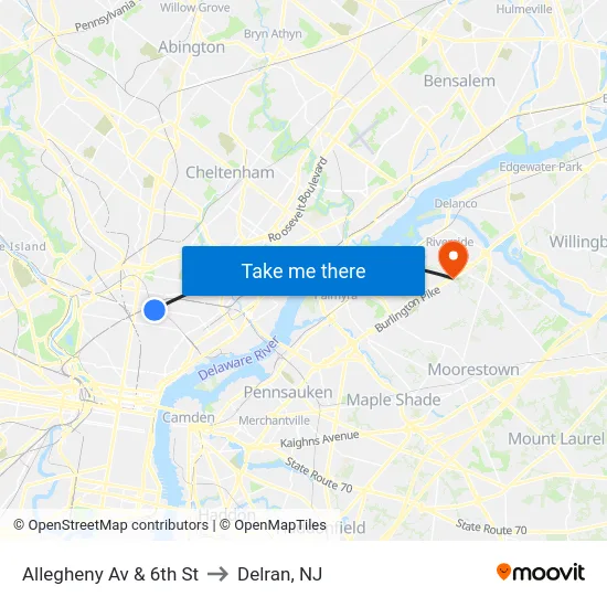 Allegheny Av & 6th St to Delran, NJ map