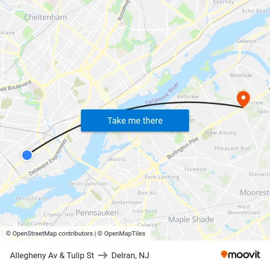 Allegheny Av & Tulip St to Delran, NJ map