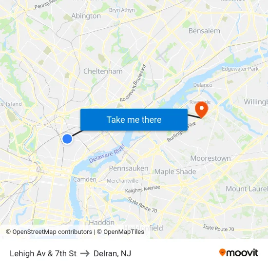 Lehigh Av & 7th St to Delran, NJ map