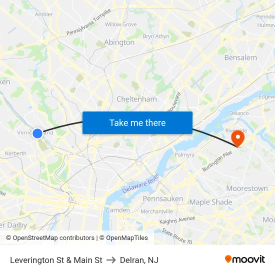 Leverington St & Main St to Delran, NJ map