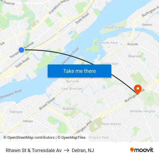 Rhawn St & Torresdale Av to Delran, NJ map