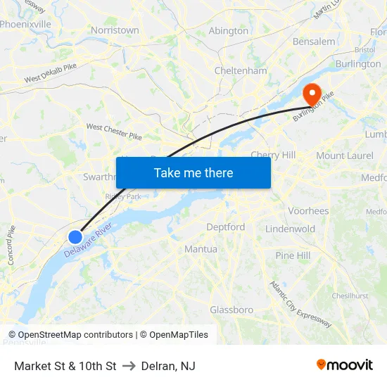 Market St & 10th St to Delran, NJ map