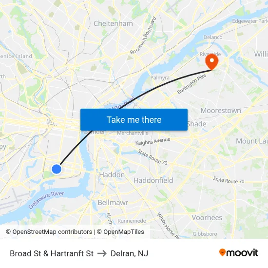 Broad St & Hartranft St to Delran, NJ map
