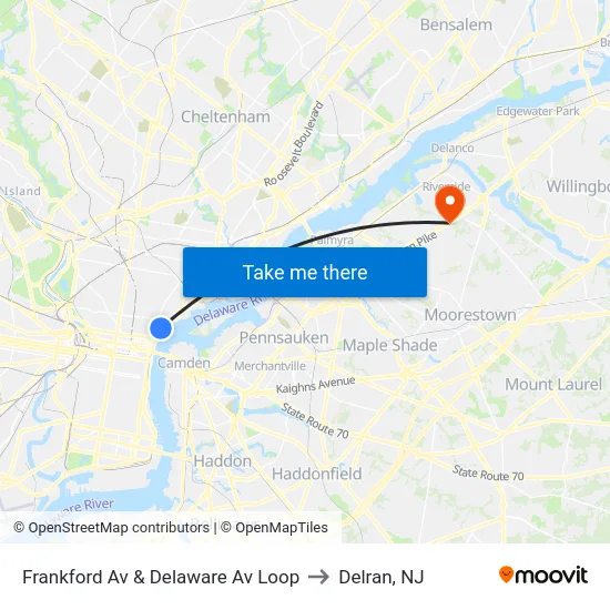 Frankford Av & Delaware Av Loop to Delran, NJ map