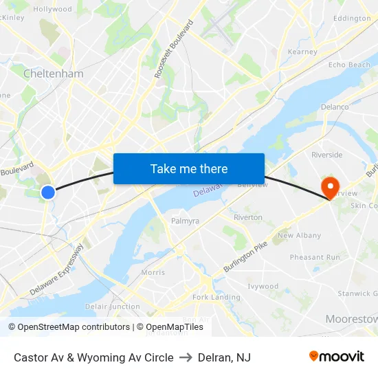 Castor Av & Wyoming Av Circle to Delran, NJ map