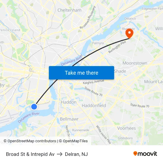 Broad St & Intrepid Av to Delran, NJ map
