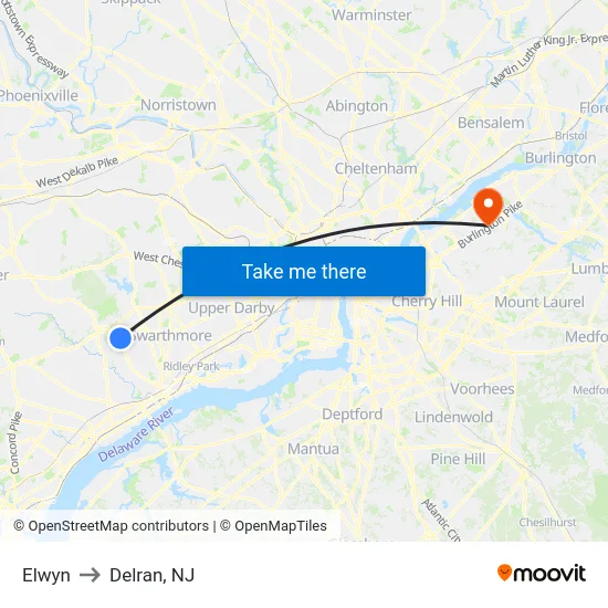 Elwyn to Delran, NJ map