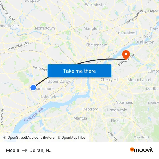 Media to Delran, NJ map