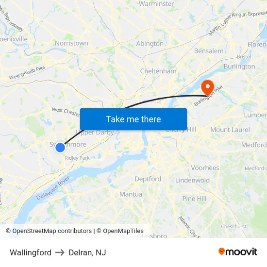 Wallingford to Delran, NJ map