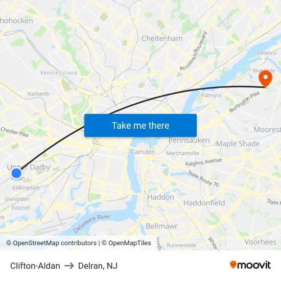 Clifton-Aldan to Delran, NJ map