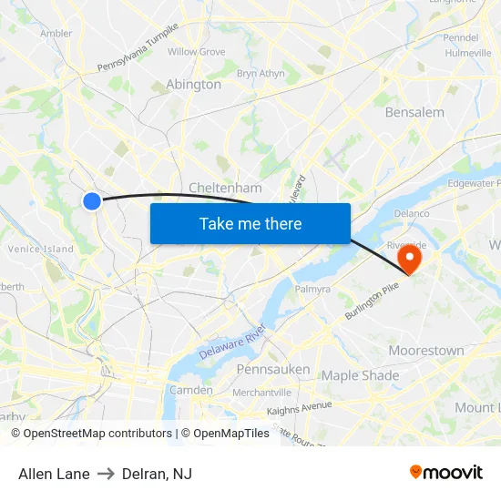 Allen Lane to Delran, NJ map