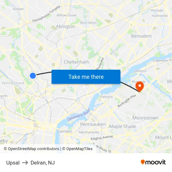 Upsal to Delran, NJ map