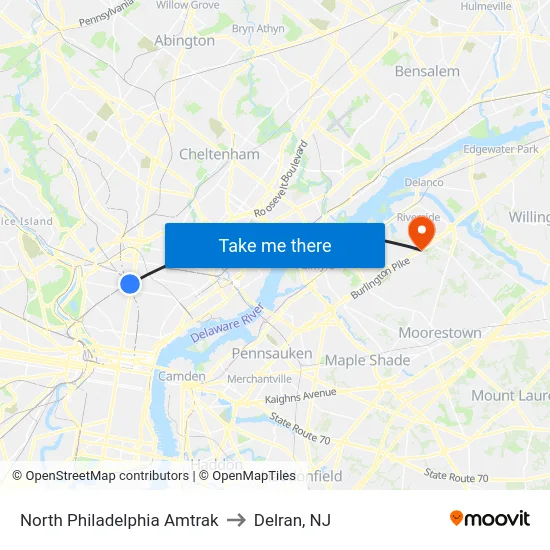 North Philadelphia Amtrak to Delran, NJ map