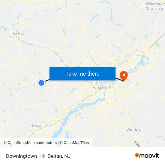 Downingtown to Delran, NJ map