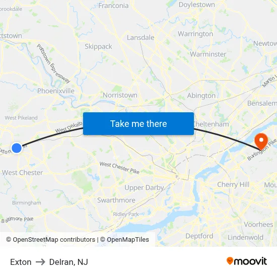 Exton to Delran, NJ map