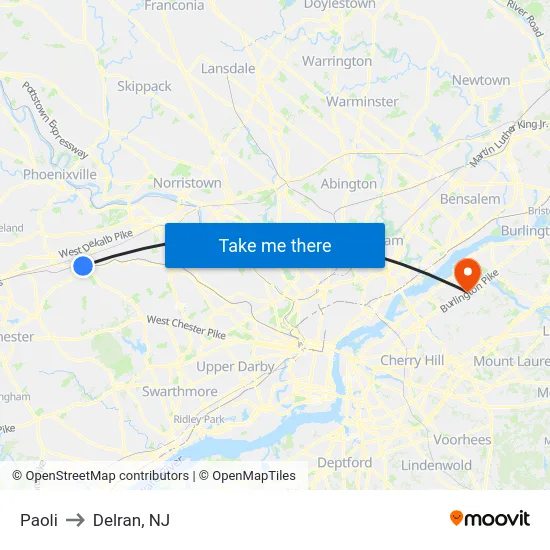 Paoli to Delran, NJ map