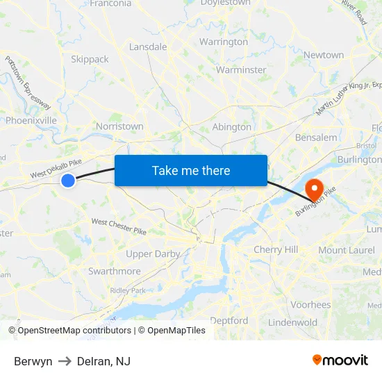 Berwyn to Delran, NJ map