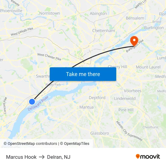 Marcus Hook to Delran, NJ map