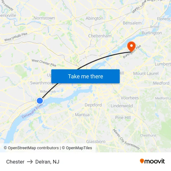 Chester to Delran, NJ map