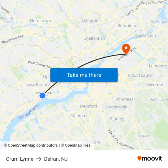 Crum Lynne to Delran, NJ map